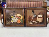 two framed pictures of a bird and a basket of food