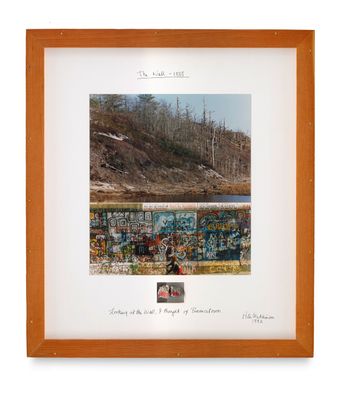 an image of a framed photograph of a mountain with graffiti on it