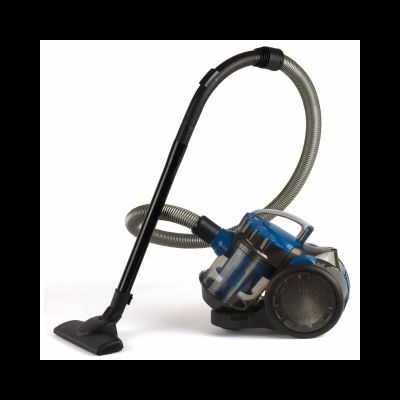 un aspirateur bleu et argenté muni d'une poignée noire