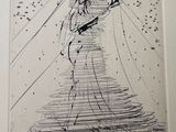 a black and white drawing of a woman in a dress