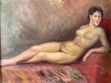 an oil painting of a nude woman laying on a red couch