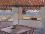 un tableau représentant une table sur laquelle est posé un chapeau