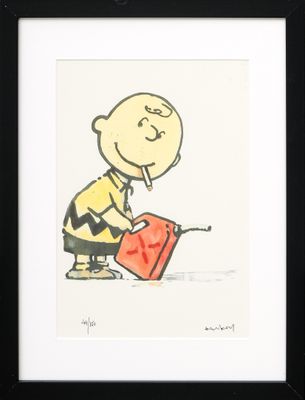 framed drawing of a man with a suitcase smoking a cigarette