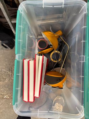 a plastic container with books and a pair of shoes in it