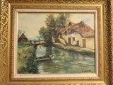 painting of a cottage by a river with a boat in the water