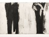 a black and white painting of two people standing next to each other