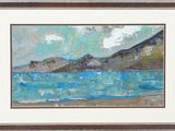 une peinture à l'huile représentant une scène de plage avec une montagne en arrière-plan