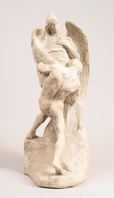 an image of a statue of a man and a woman on a rock