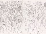 drawings of a group of people standing in front of a crowd of people