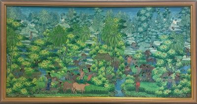 tableau représentant une scène forestière avec des personnages et des animaux