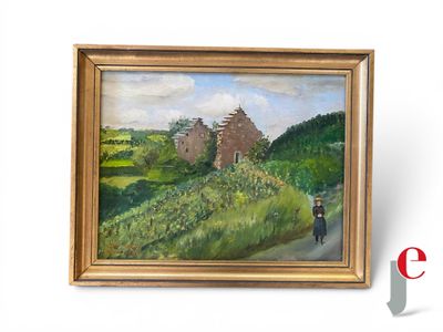 un tableau représentant une femme marchant sur un sentier