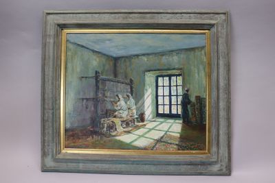 a painting on the wall of a room with a window