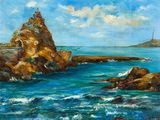une peinture à l'huile représentant un phare au sommet d'une falaise près de l'océan