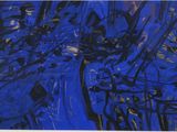blue and black abstract painting on a white background