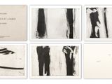 six black and white paintings of different shapes and sizes on a white surface