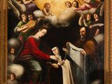 an image of a painting of a woman holding a baby in front of a group of angels