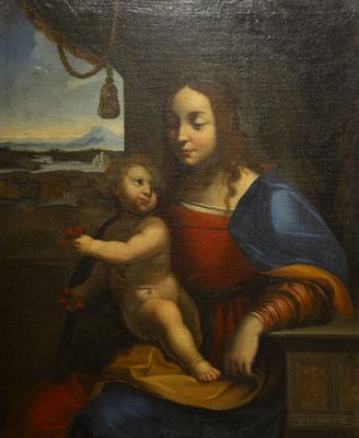 tableau représentant une femme tenant un enfant sur ses genoux