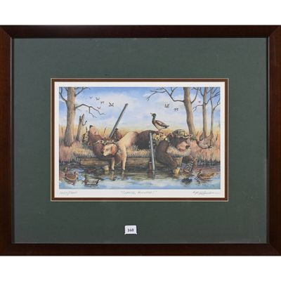 reproduction encadrée d'un tableau représentant une scène de chasse au canard, avec des canards, des canards et d'autres animaux