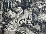a black and white drawing of a man riding a horse in the woods
