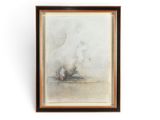 un tableau représentant un chien blanc assis sur une table