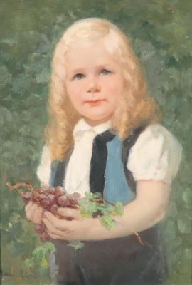 tableau représentant une petite fille tenant une grappe de raisin dans ses mains