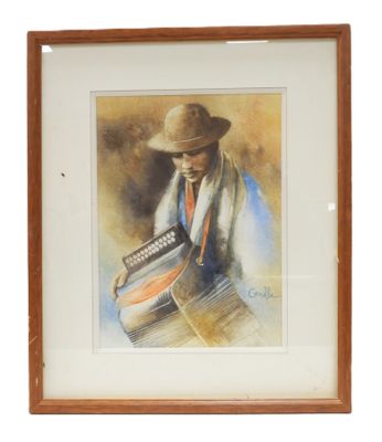 framed watercolor painting of a man with a hat playing a musical instrument