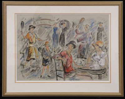 painting of a group of people sitting around a table with a tennis racket