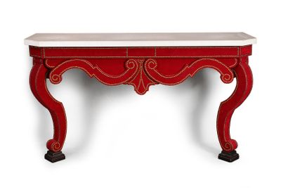 an image of a red console table with a marble top