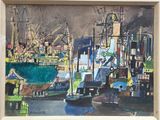 a painting of a harbor scene with boats in the water