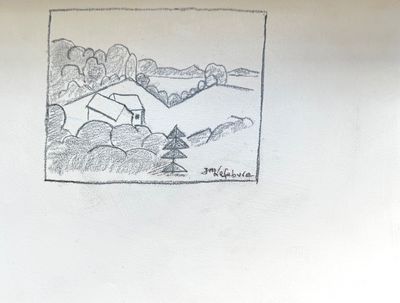 a picture of a drawing of a house in a field