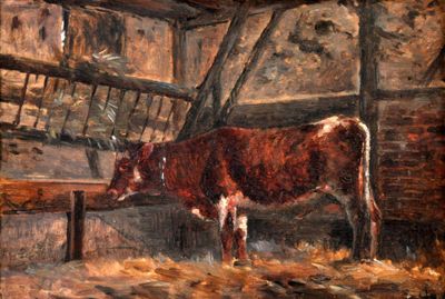 a painting of a cow that is standing in a barn