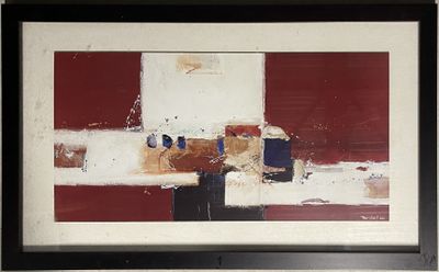 painting of a red and white abstract painting with a black frame