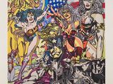une image représentant un dessin d'un groupe de femmes devant un drapeau américain