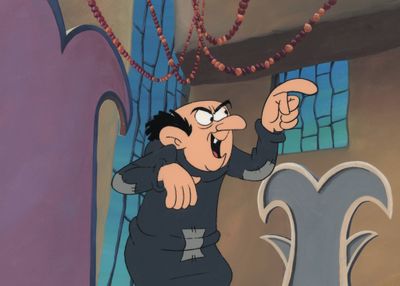 un dessin représentant un homme en costume noir qui montre quelque chose du doigt