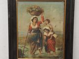 tableau représentant une femme portant un panier de fleurs, accompagnée de deux enfants