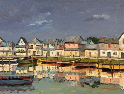 a painting of a harbor scene with boats in the water