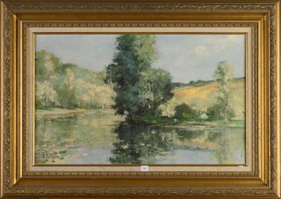 an oil painting of a river scene with a tree in the foreground