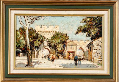une peinture à l'huile représentant une scène de rue avec des personnes marchant dans la rue
