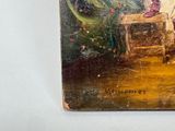 a painting on the wall of a room with a chair and a table