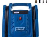 un gros plan sur un compresseur d'air portable bleu muni d'un tuyau