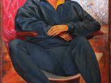painting of a woman sitting in a chair in front of a painting of a woman