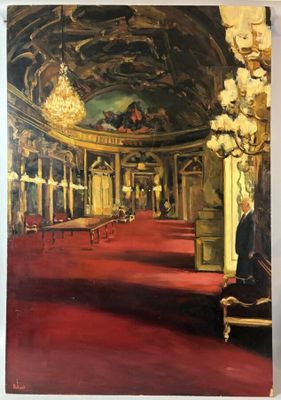 an oil painting of a room with a chandelier and chandelier