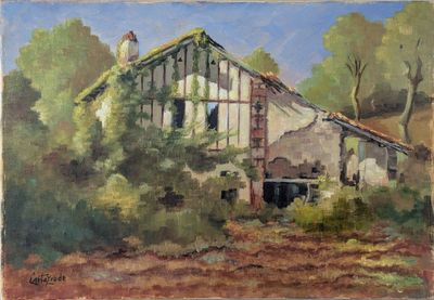 une peinture à l'huile représentant une vieille grange dans les bois