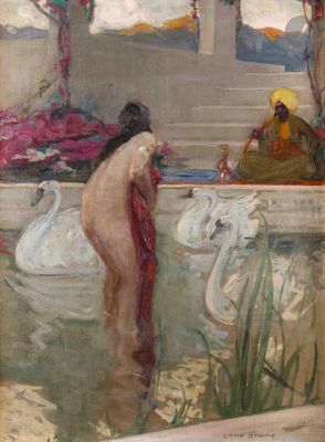 a painting of a woman in a bathtub with swans