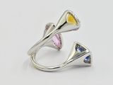 a close up of a ring with two different colored stones