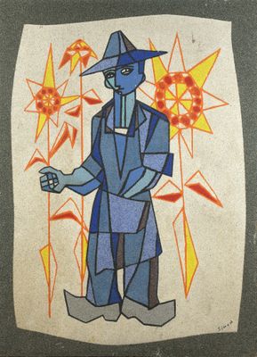 an image of a painting of a man in a blue suit and hat