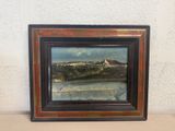 an oil painting of a view of a town with a river in the foreground