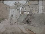 painting of a man and a woman walking down a street in front of a building