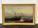 an oil painting of a ship in the ocean on a table