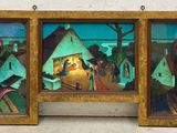 painting of three framed pictures of a woman and a man in a village